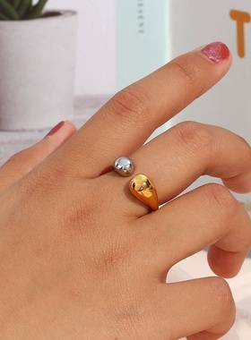 欧美ins摩登简约流行指环饰品女 不锈钢开口两头水滴金银拼接戒指