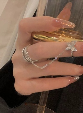 欧美新款轻奢小众设计蝴蝶指甲美甲拍照道具戒指ins简约流苏链条