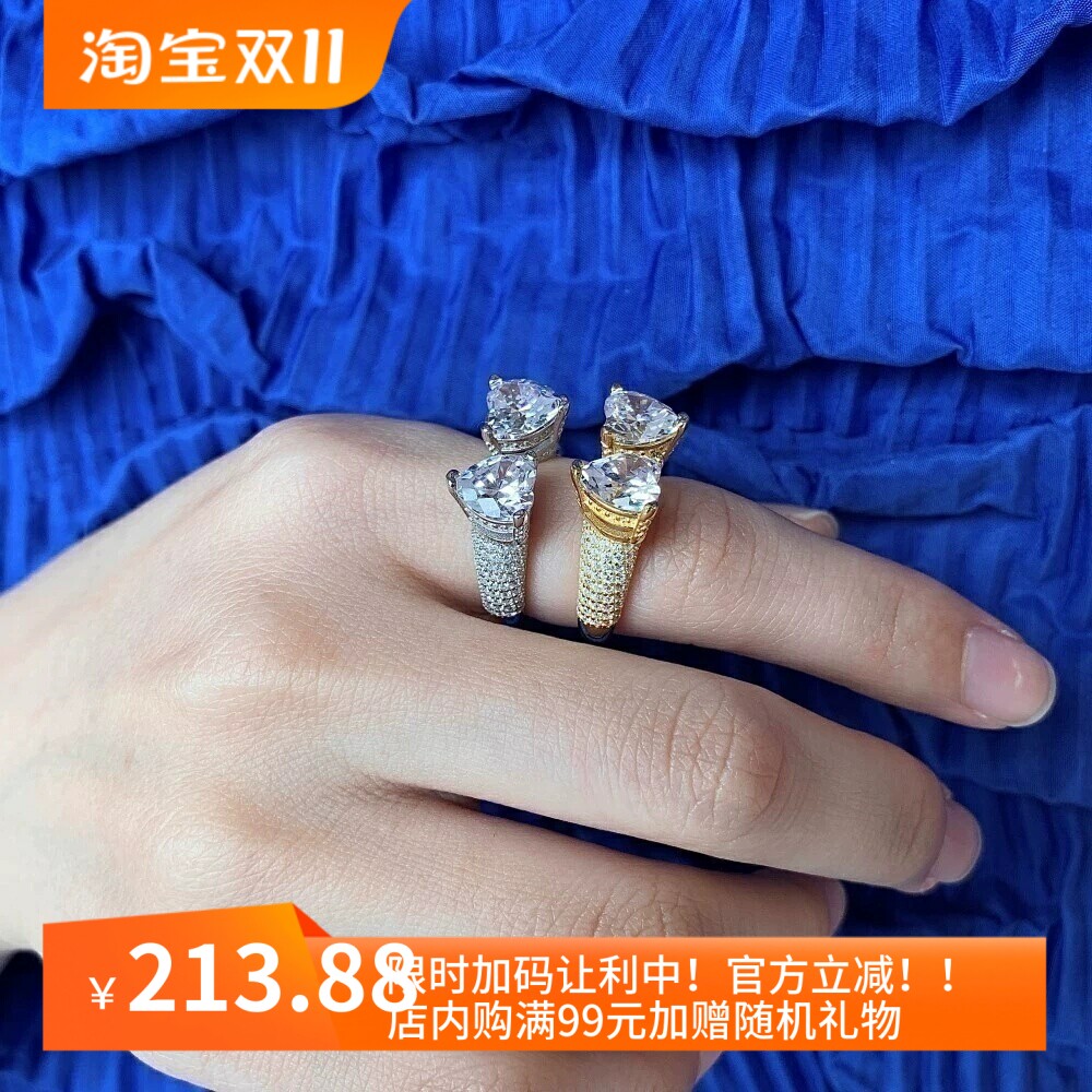 欧美跨境S925银戒指满钻爱心形钻戒女仿真钻戒指开口可调节礼物女
