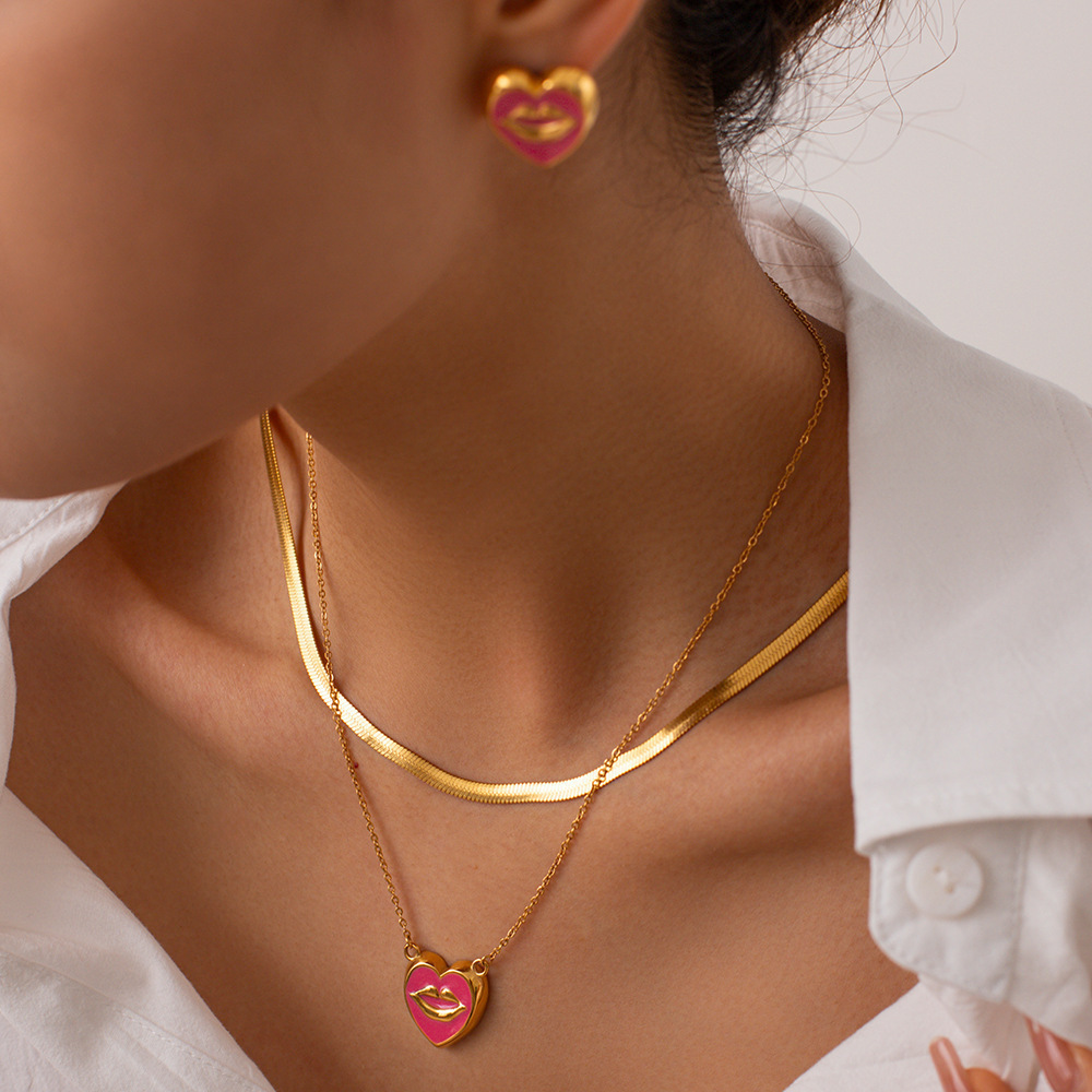 夏季新款ins风法式复古几何冷淡欧美金属气质唇纹项链耳环组合