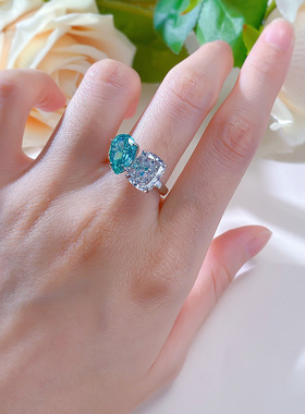 欧美高级珠宝款S925银镶嵌7*11水滴形高碳钻仿真帕拉伊巴双拼戒指