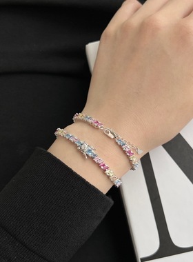 欧美跨境S925纯银手链女设计多巴胺色系高碳钻锆石手饰爆闪网球链