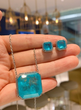 蓝色耳钉高碳钻吊坠仿真碧玺