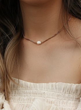 欧美ins摩登气质百搭锁骨链饰品女 不锈钢古巴链淡水珍珠吊坠项链