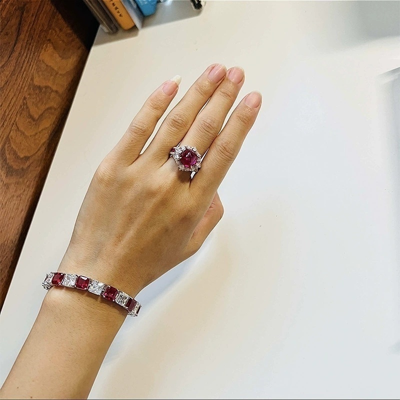 欧美跨境2024新款925银高碳钻仿鸽血红12*12mm糖塔戒指豪镶戒指环
