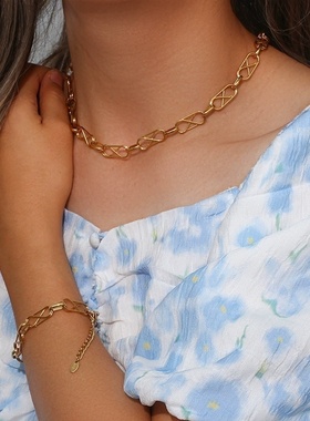 欧美ins摩登简约个性几何交错链条手链 不锈钢镀18K金色项链饰品