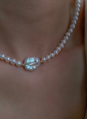 天然淡水珍珠！欧美巴设计款洛克搭配近圆馒头珠珍珠项链锁骨链女