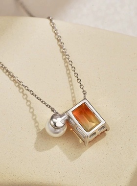 S925纯银渐变彩色合成锆石项链女设计感珍珠吊坠锁骨链颈链潮流