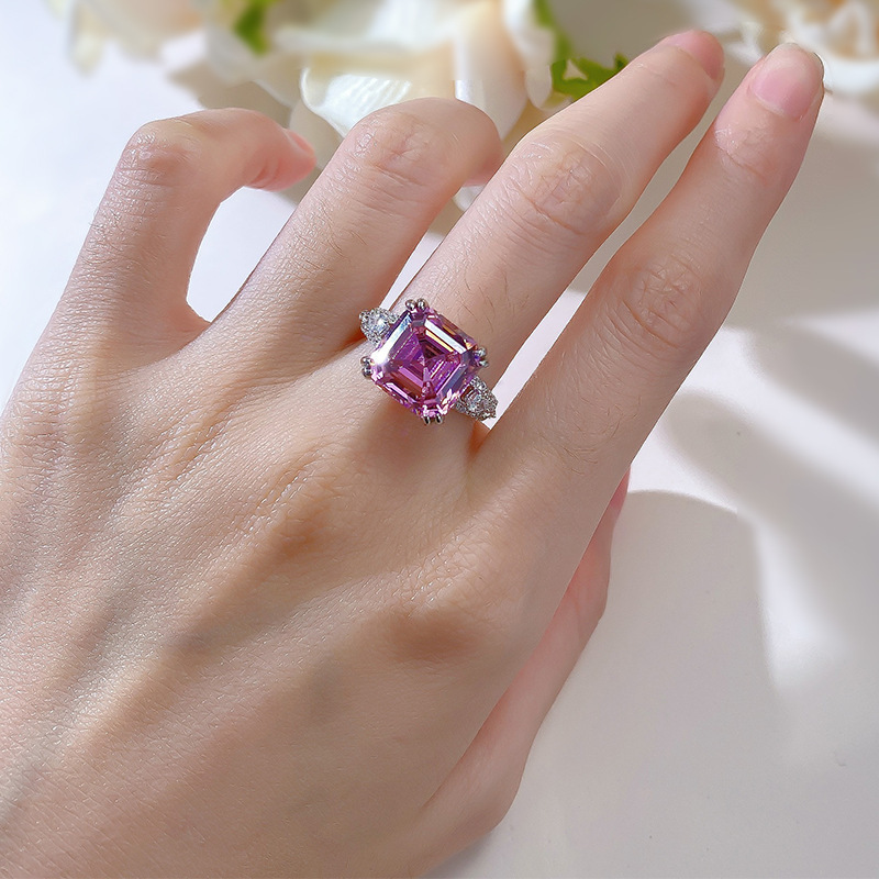 欧美跨境经典款925银高碳钻戒指11*11樱花粉豪华镶嵌仿真钻戒女