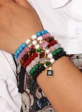 欧美ins摩登简约流行百搭手饰饰品 黑玛瑙天然石串珠锆石吊坠手链