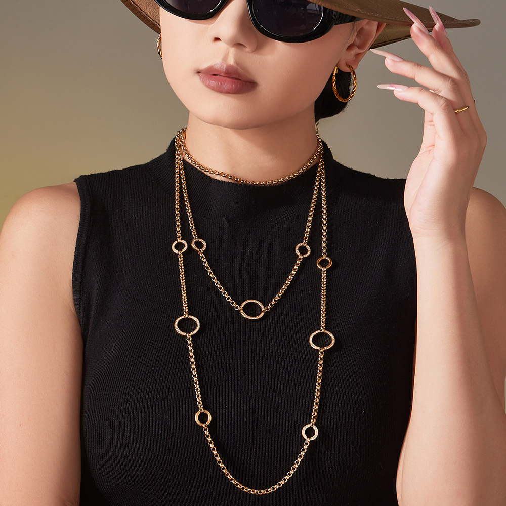 欧美经典不锈钢满锆圆环双层叠戴毛衣链镀18k真金简约大气长项链