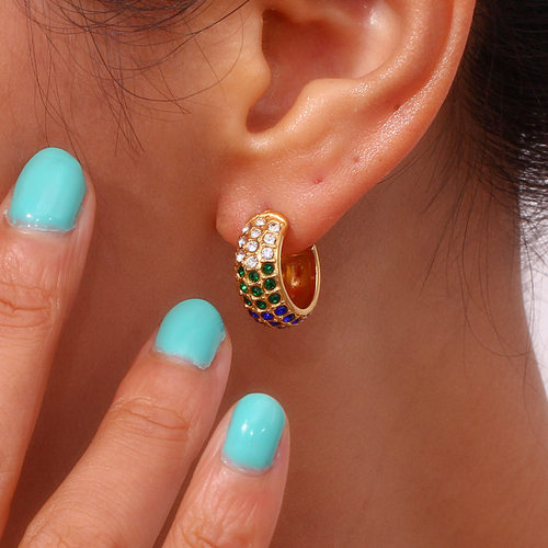 欧美时尚复古个性耳环饰品 不锈钢镀18K金满钻彩色C形面包耳圈女