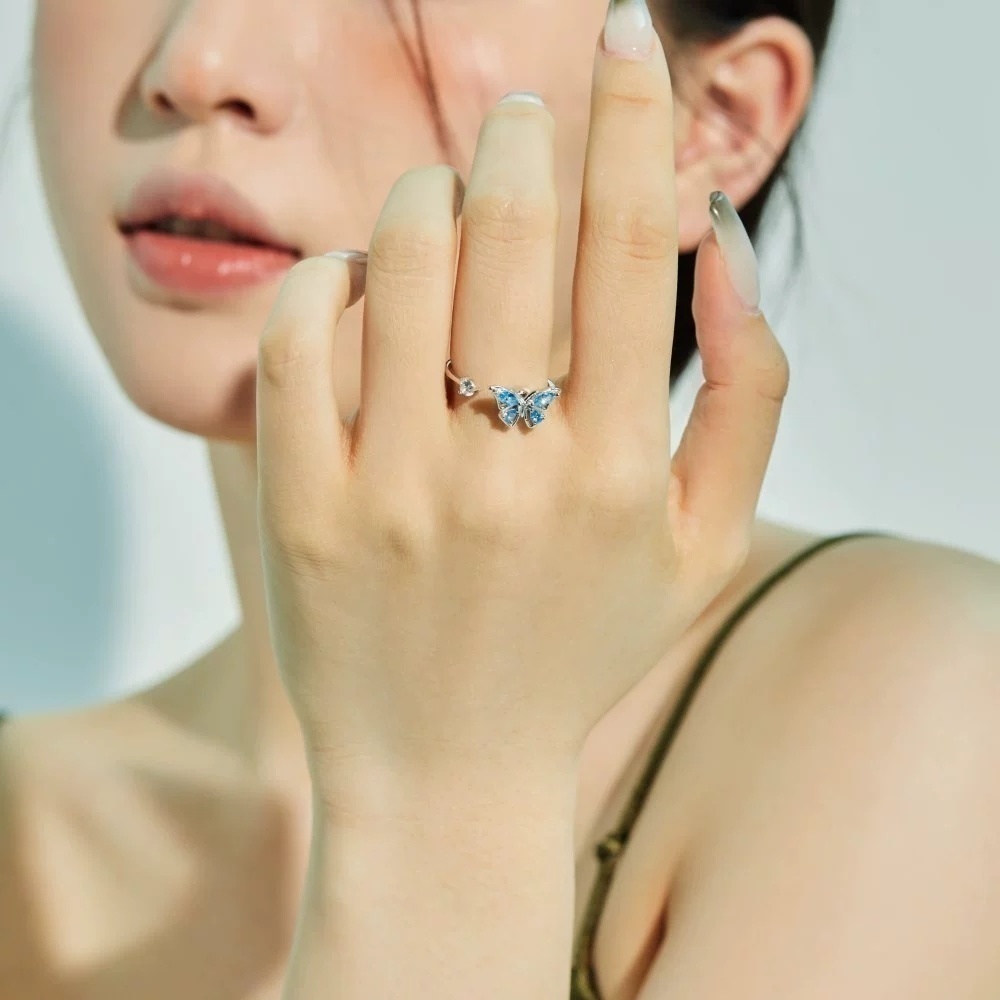 可旋转解压S925纯银戒指蓝色锆石蝴蝶开口戒仿彩宝ins风饰品