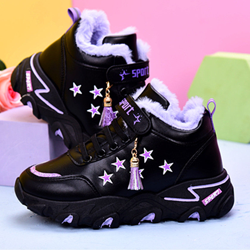 儿童运动鞋女童棉鞋25新款冬季皮面加绒高帮跑鞋学生保暖老爹黑鞋