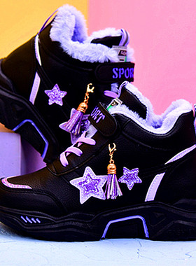 中小学生女孩5秋冬季棉鞋7中大童皮面加绒高帮鞋10保暖运动鞋15岁