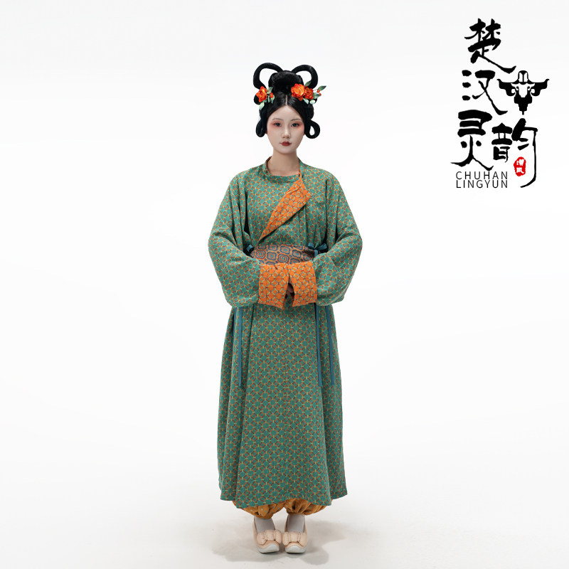 楚汉灵韵 唐风圆领袍 百分百棉双层纱 橙绿联钱纹纯棉圆领袍唐制