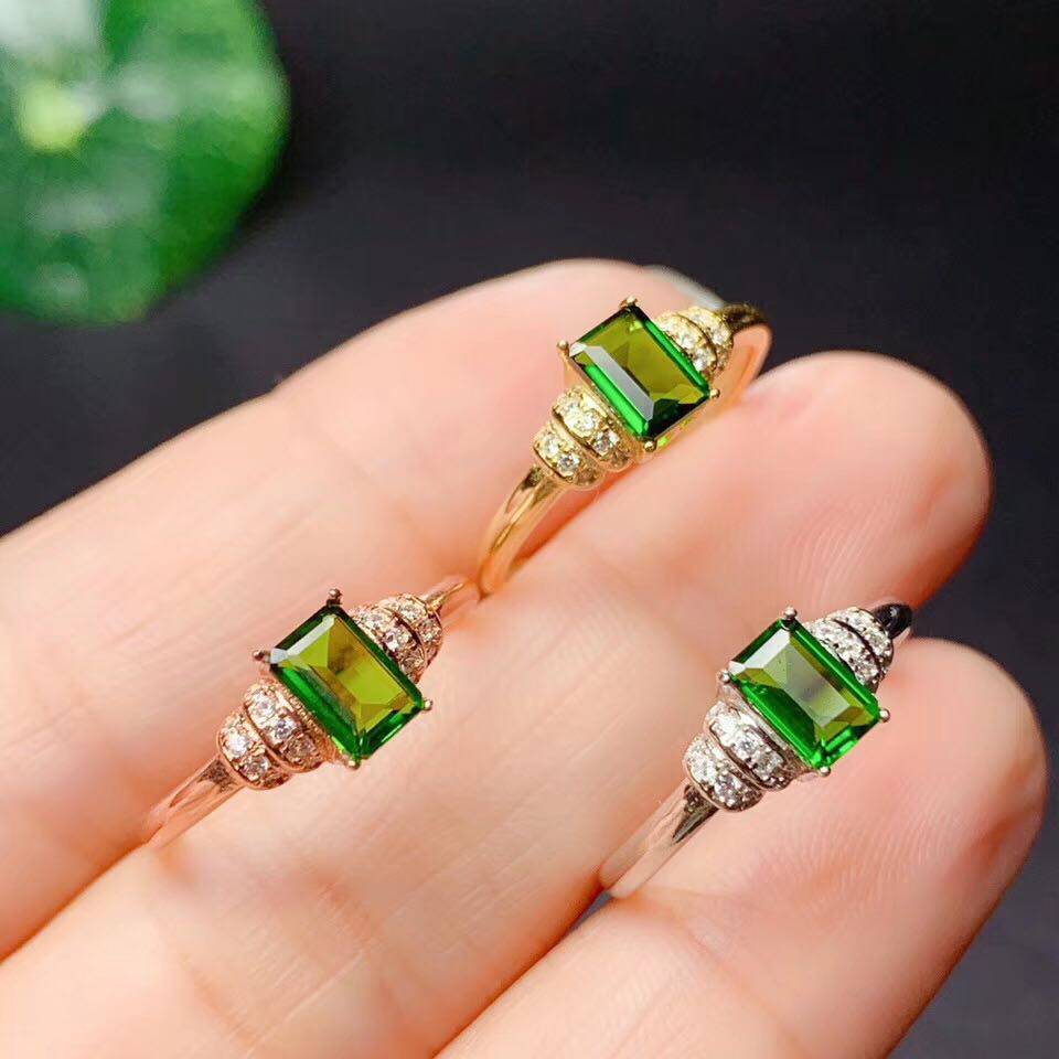 925银镶天然绿碧玺色透辉石戒指长方形奶奶绿宝石祖母绿戒指简约