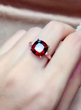天然纯银方形大气石榴石戒指
