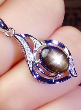 星光天然蓝宝石山东猫眼纯银吊坠