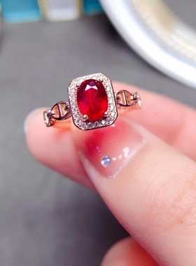 银镀18k玫瑰金高品质缅甸一克拉红宝石戒指女时尚新款净度火彩好