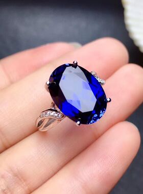 纯银日韩风夸张鸽子蛋蓝宝石戒指