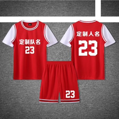 女款女士女生学生假两件短袖篮球服运动健身套装定制印刷A833红色