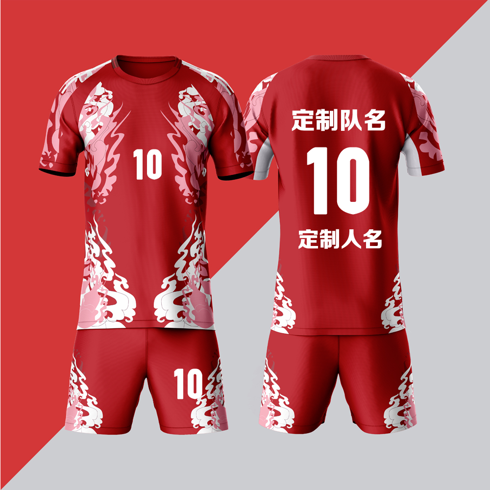 全身数码定制印刷成人儿童足球服套装球衣比赛训练队服LBZ019红色