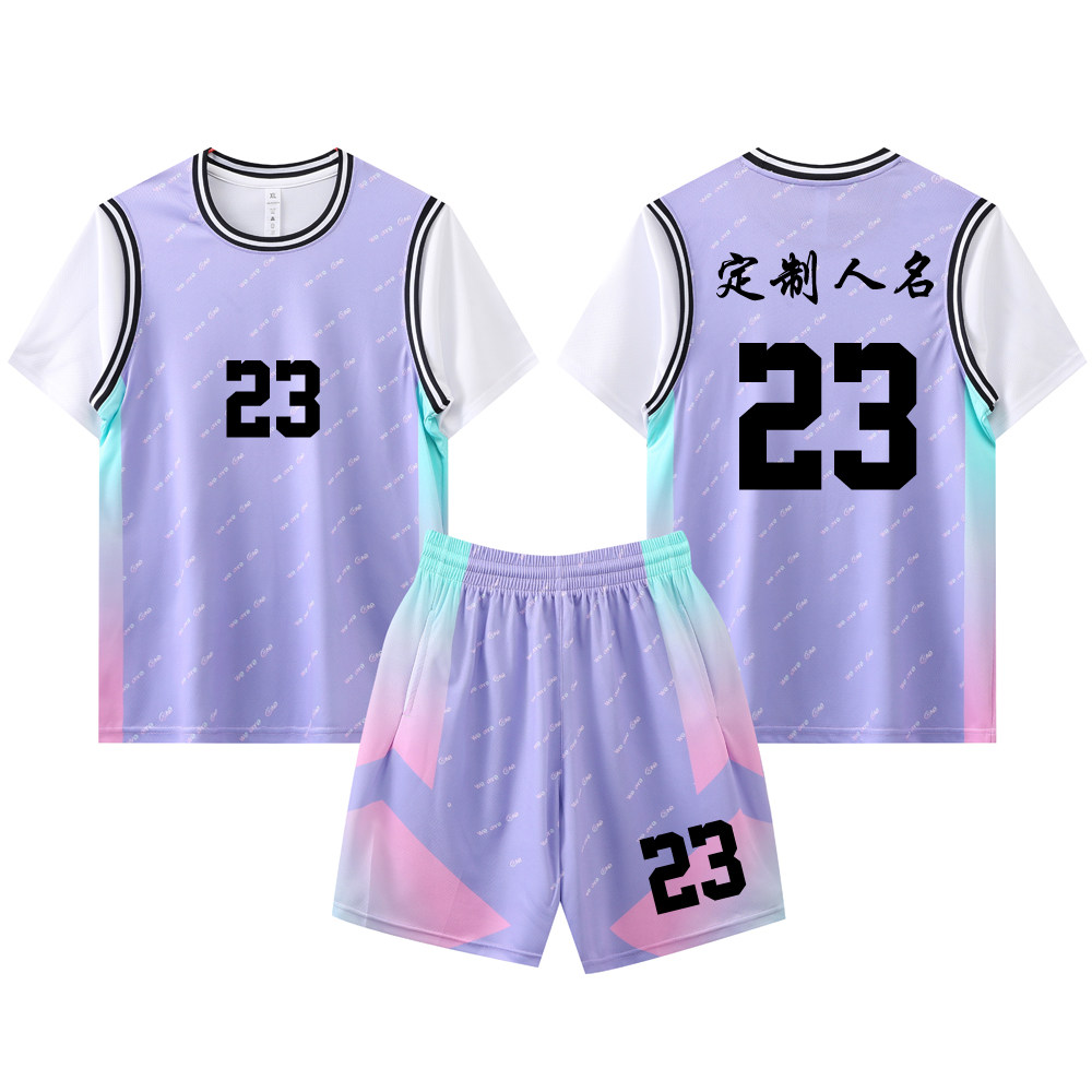 女款女生女童学生假两件短袖篮球服运动健身套装定制印刷B005紫色