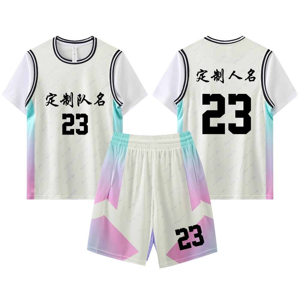 女款女生女童学生假两件短袖篮球服运动健身套装定制印刷B005米白