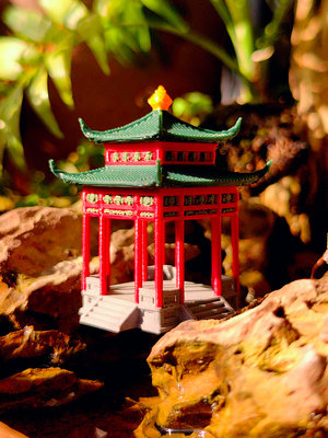 中式古建筑模型莲花亭小摆件假山水陆鱼缸微景观盆景书房造景房子