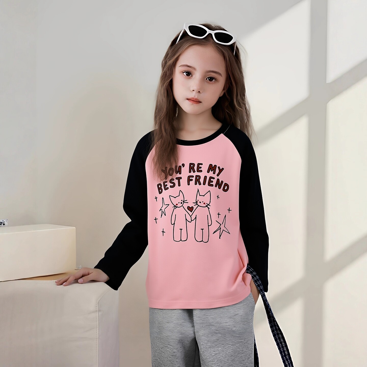 韩版童装女童纯棉卡通印花长袖t恤2026年春季新款中大青年打底衫