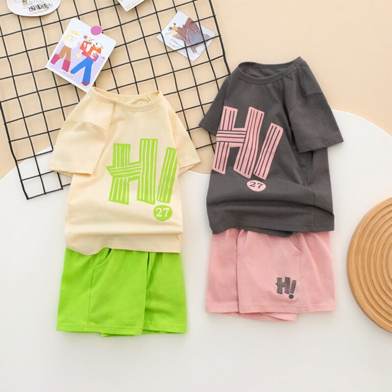 小蓝船品牌童装2026夏季女宝宝两件套女童纯棉短袖短裤运动套装