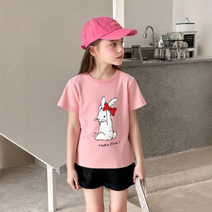 2025夏季卡通兔子印花儿童纯棉粉色短袖T恤 韩版品牌童装女童上衣