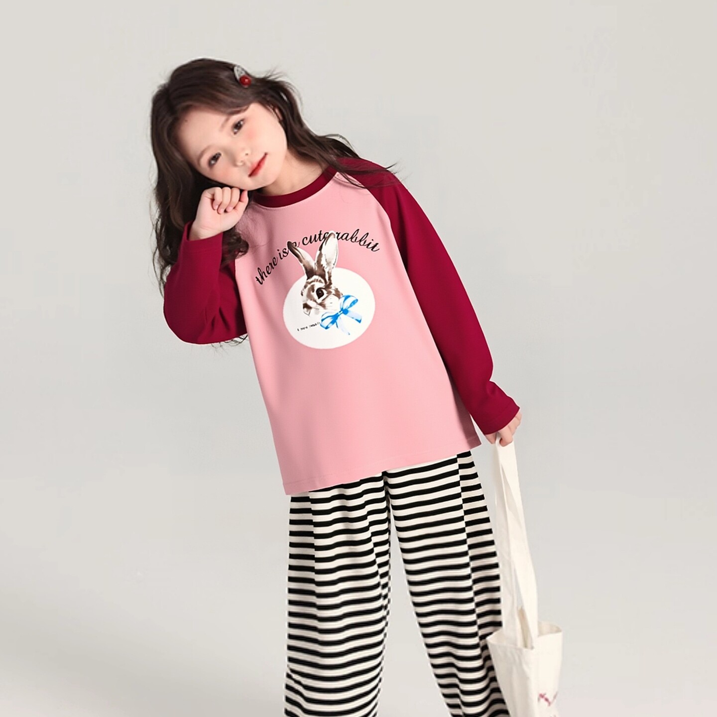 韩版童装儿童长袖T恤春季新款亲子中大童卡通兔子女孩打底衫纯棉