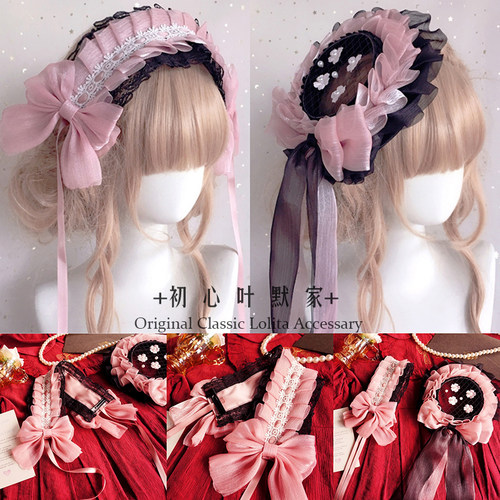 lolita头饰黑粉洛丽塔发饰黑甜法式扁帽 甜心屋Kitty手作小物