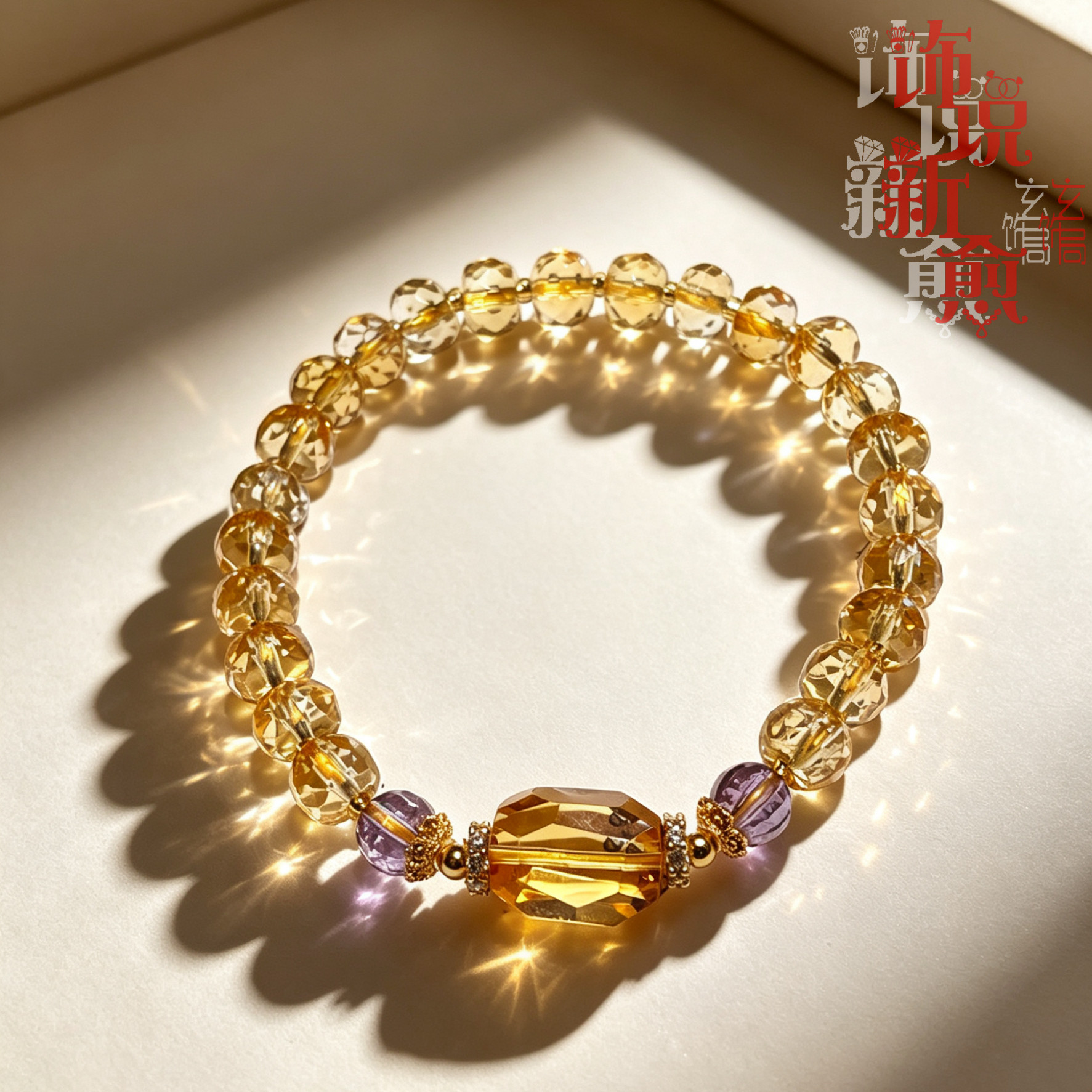 玄饰局天然全净体双A算盘珠黄水晶手串18k金配件贵气紫水晶手链