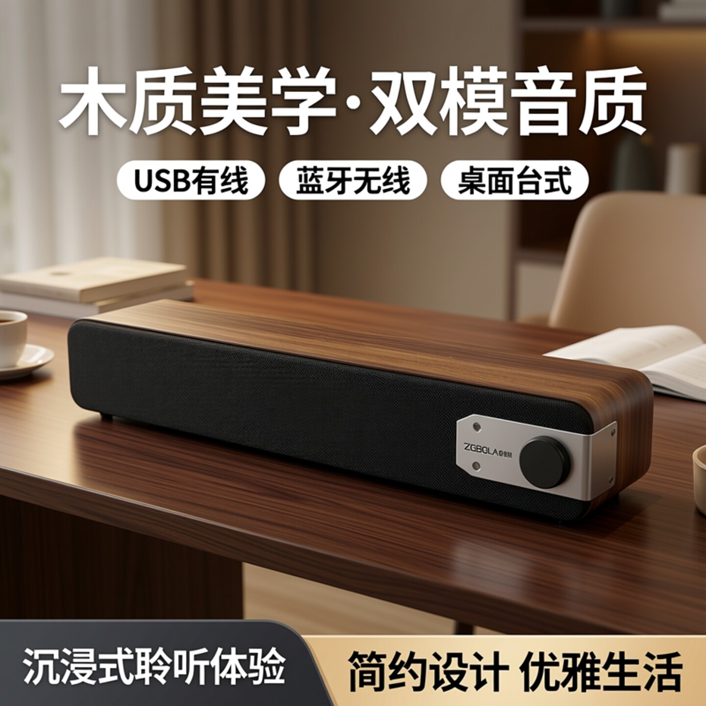 长条木质USB有线蓝牙无线双模桌面音箱台式电脑电视手机平式音响