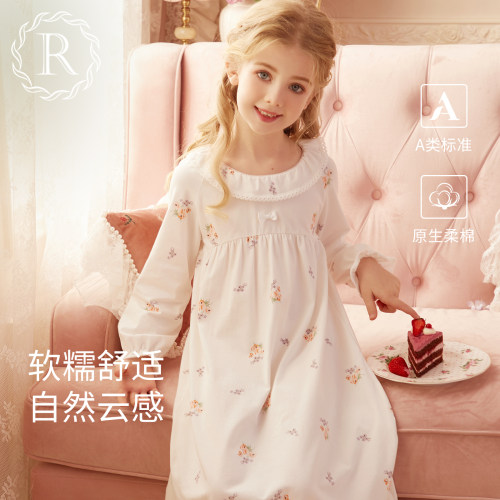 rosetree纯棉长袖印花圆领睡裙
