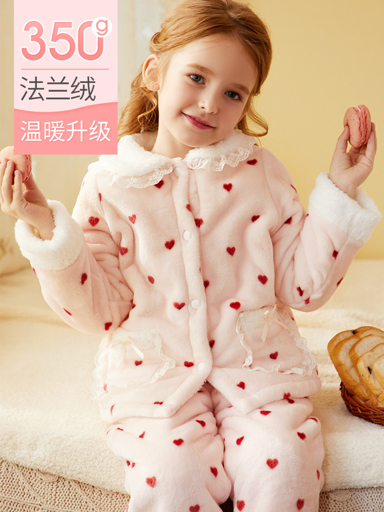 RoseTree girls' pajamas autumn and winter thickened flannel children's baby coral fleece warm home clothing set