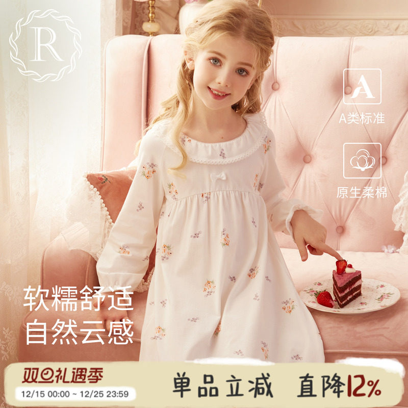 rosetree纯棉长袖印花圆领睡裙