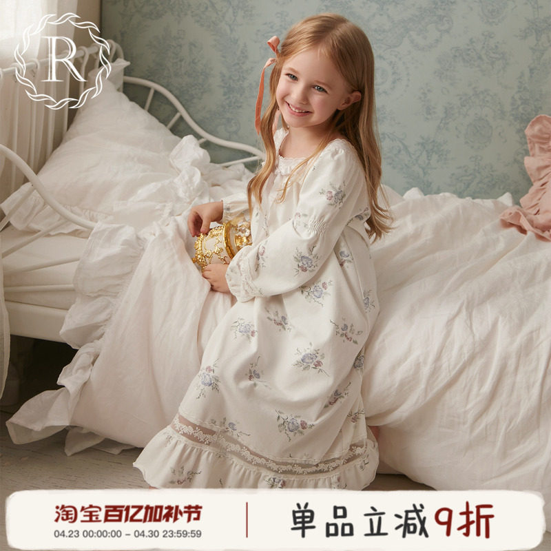 Rosetree女童公主睡裙儿童春秋季纯棉长袖法式睡衣女孩宝宝家居服