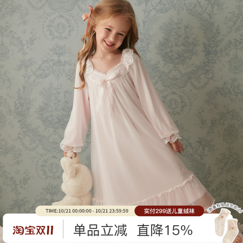儿童公主睡裙女童春秋蕾丝睡衣