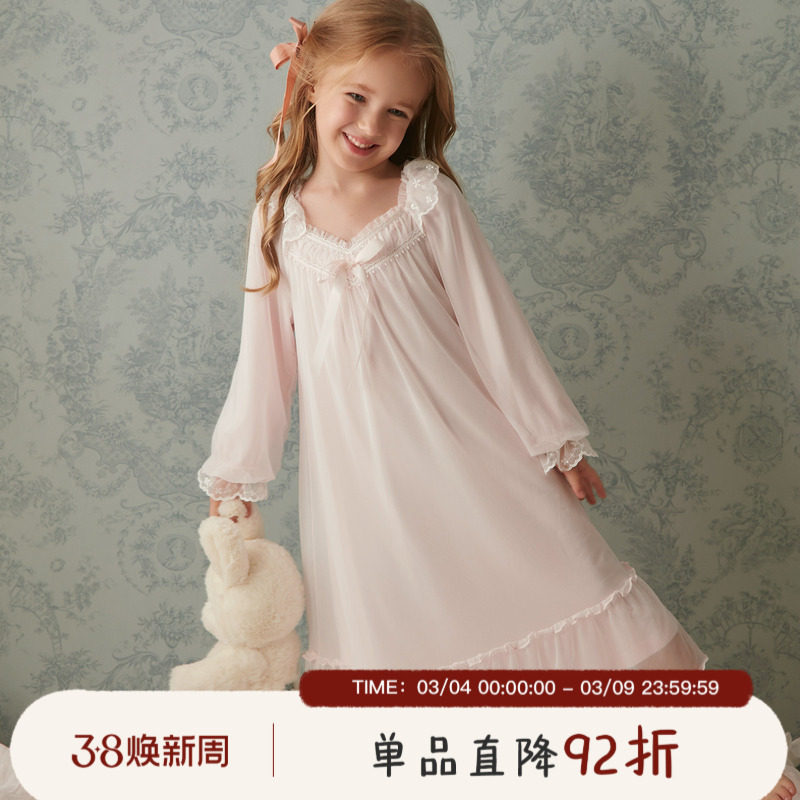 RoseTree儿童公主睡裙女童春秋长袖蕾丝女孩宝宝中大童宫廷风睡衣