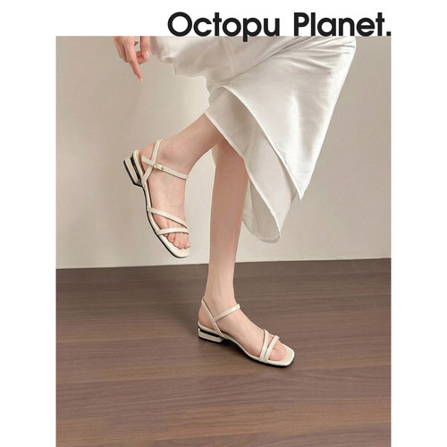 法式仙女风一字扣带凉鞋女夏粗跟方头配裙子气质女鞋时装凉鞋夏季