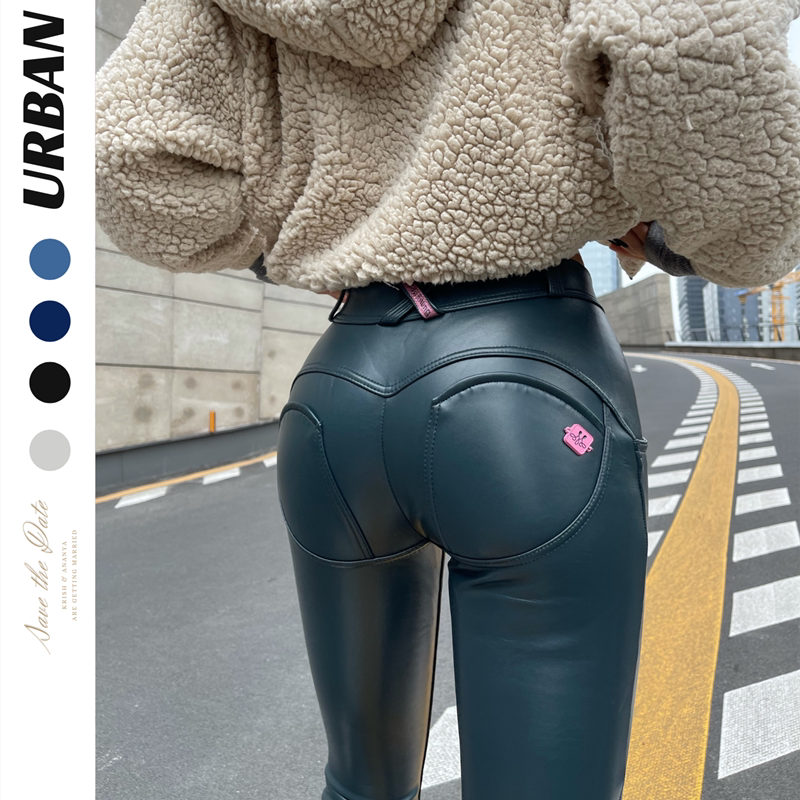 英国加绒高腰提臀皮裤女冬季保暖外穿蜜桃臀裤紧身高弹大码长裤