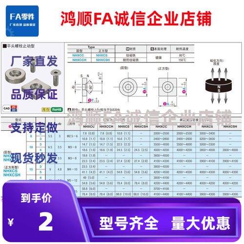 磁铁平头螺栓止动NHXCSH/NHXCCH8/10/12/15/20/25/30-2/3/4/5/5.5
