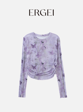 网纱薄款打底衫长袖时尚印花紫色圆领百搭夏季设计感扎染上衣女