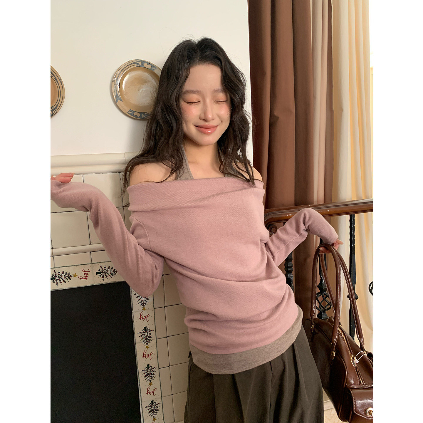 尔给早春新款假两件针织女浅粉显白显瘦时尚百搭修身上衣