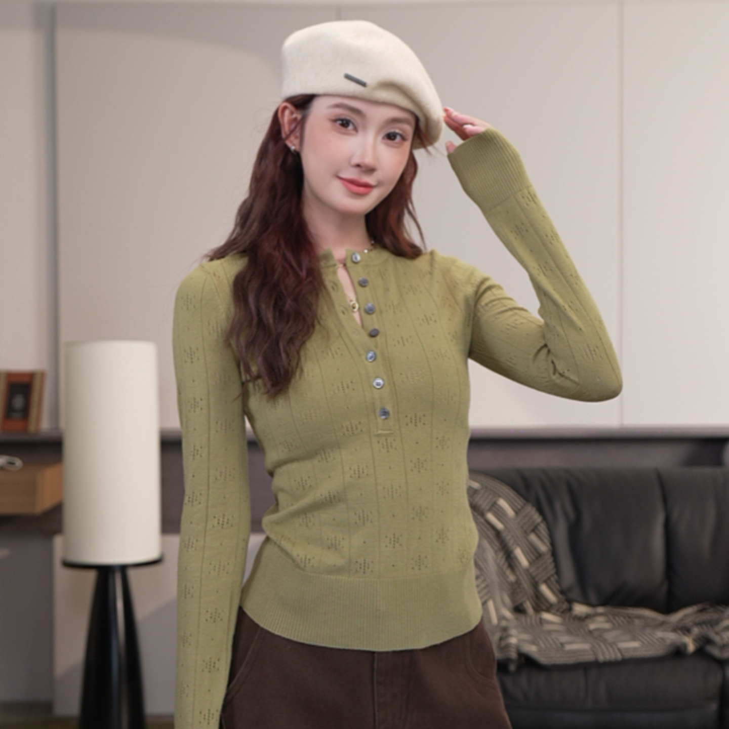 尔给秋冬半开领打底毛织衫女复古竖条纹长袖修身显瘦上衣