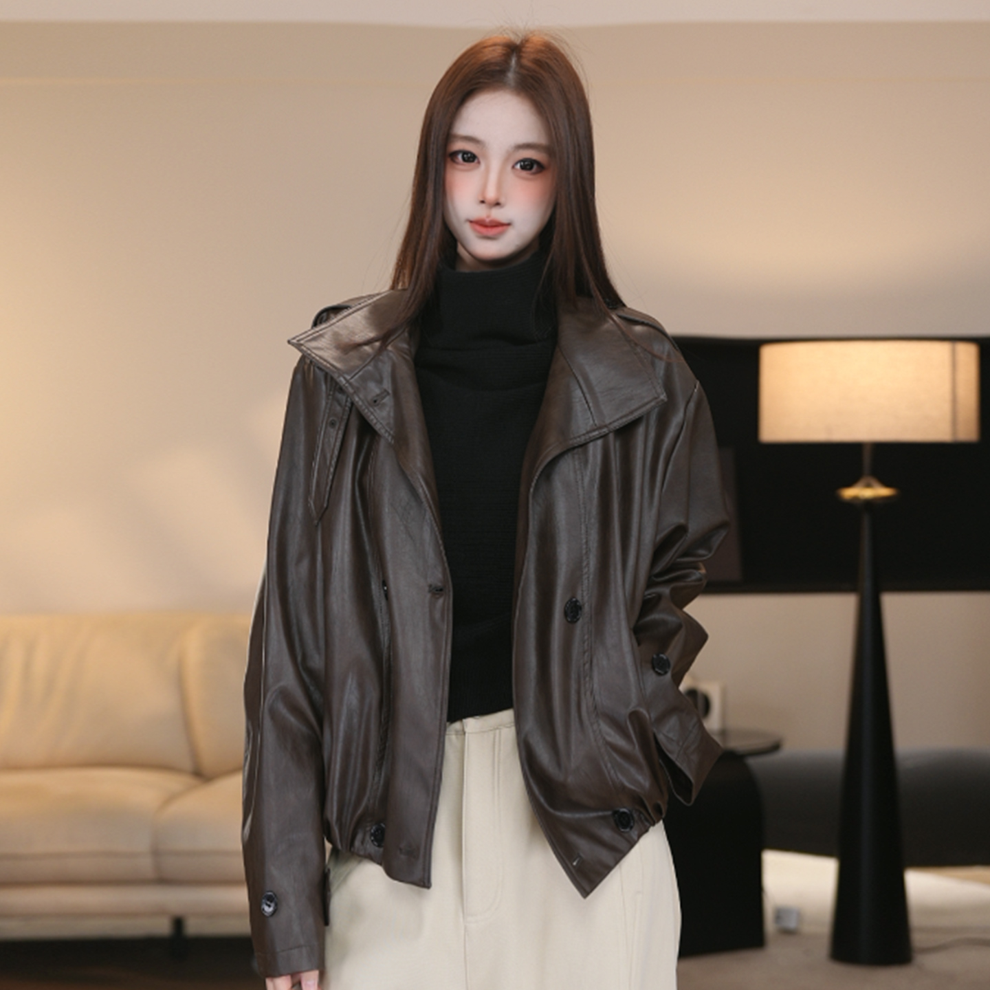 尔给秋季美式立领高级感皮衣外套女复古设计感时尚炸街酷飒风夹克